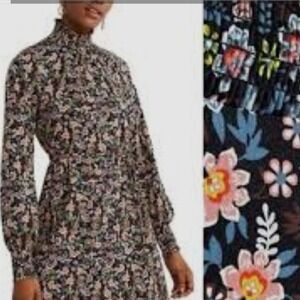 Boden Floral Print Mock Neck Long Sleeve Smocked Waist‎ Dress Women's